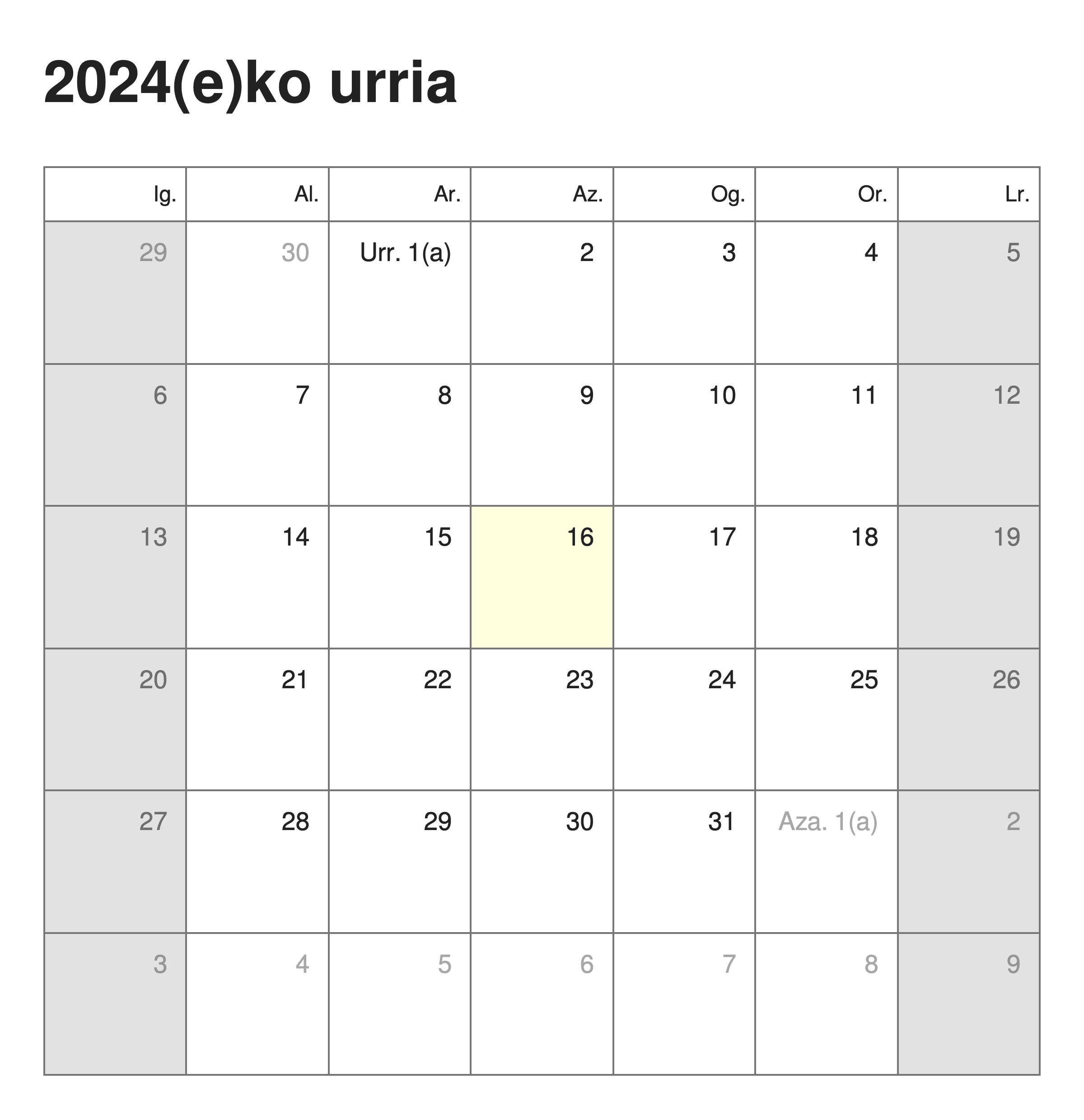 Calendar in Basque