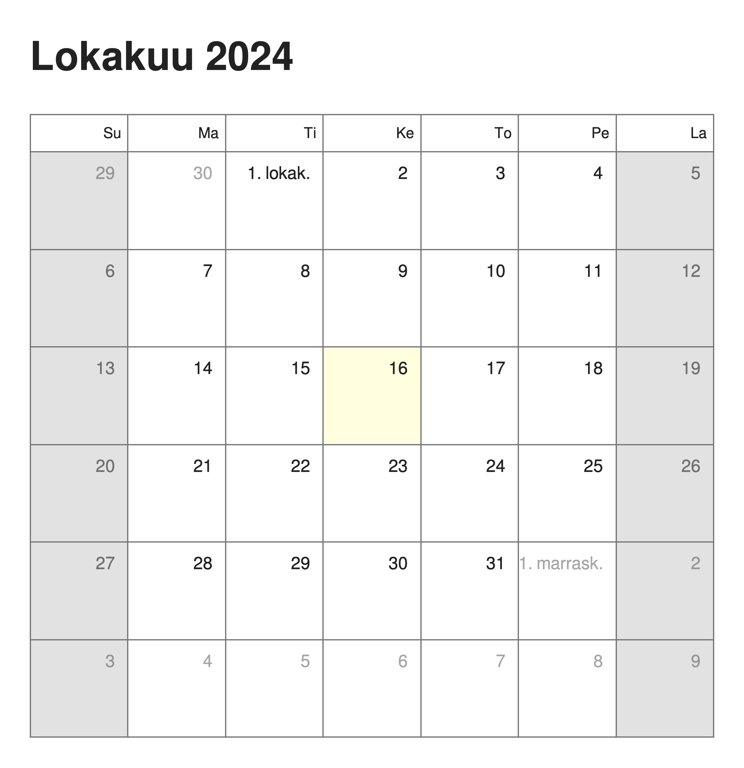 Calendar in Finnish