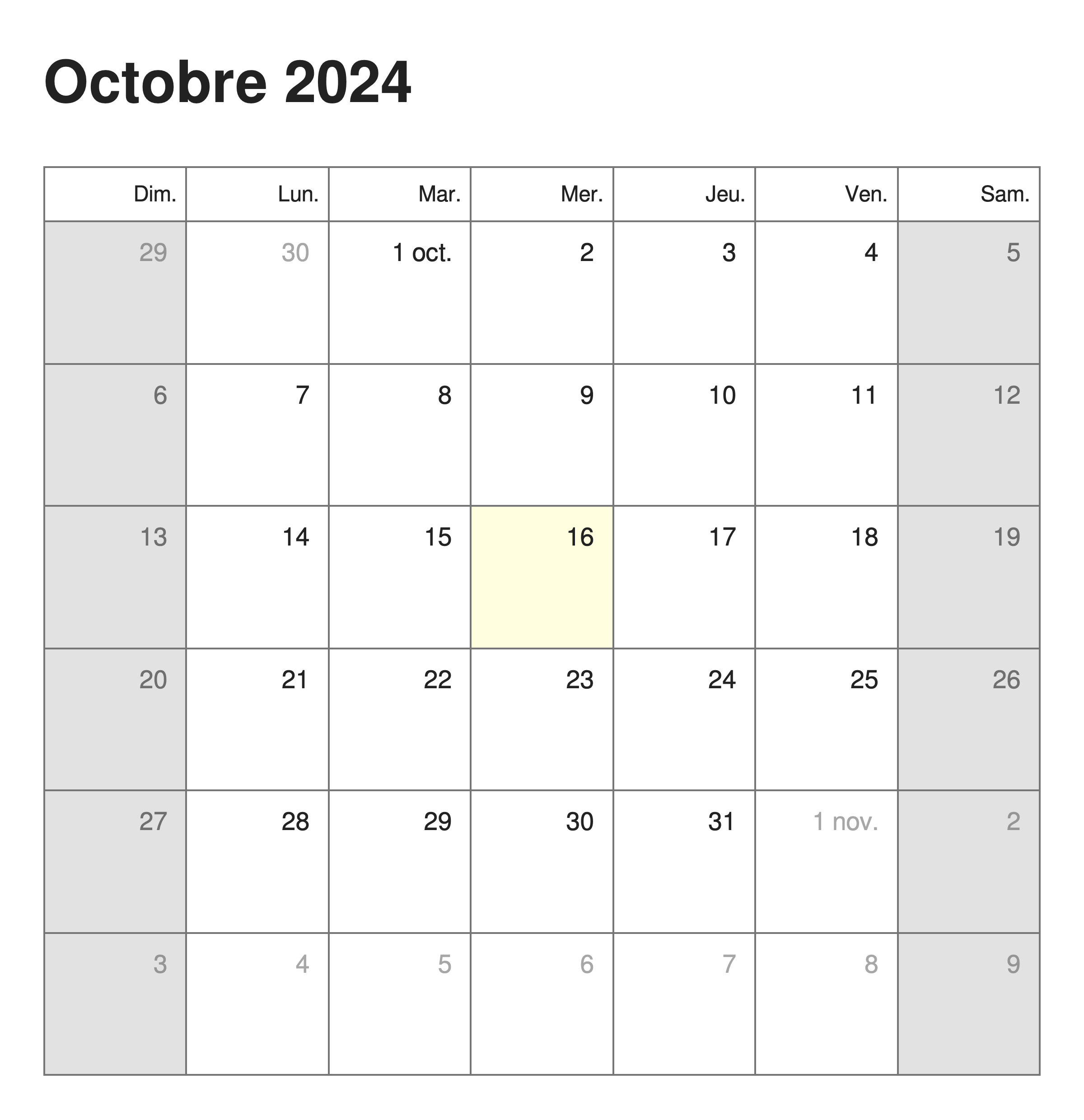 Calendar in French