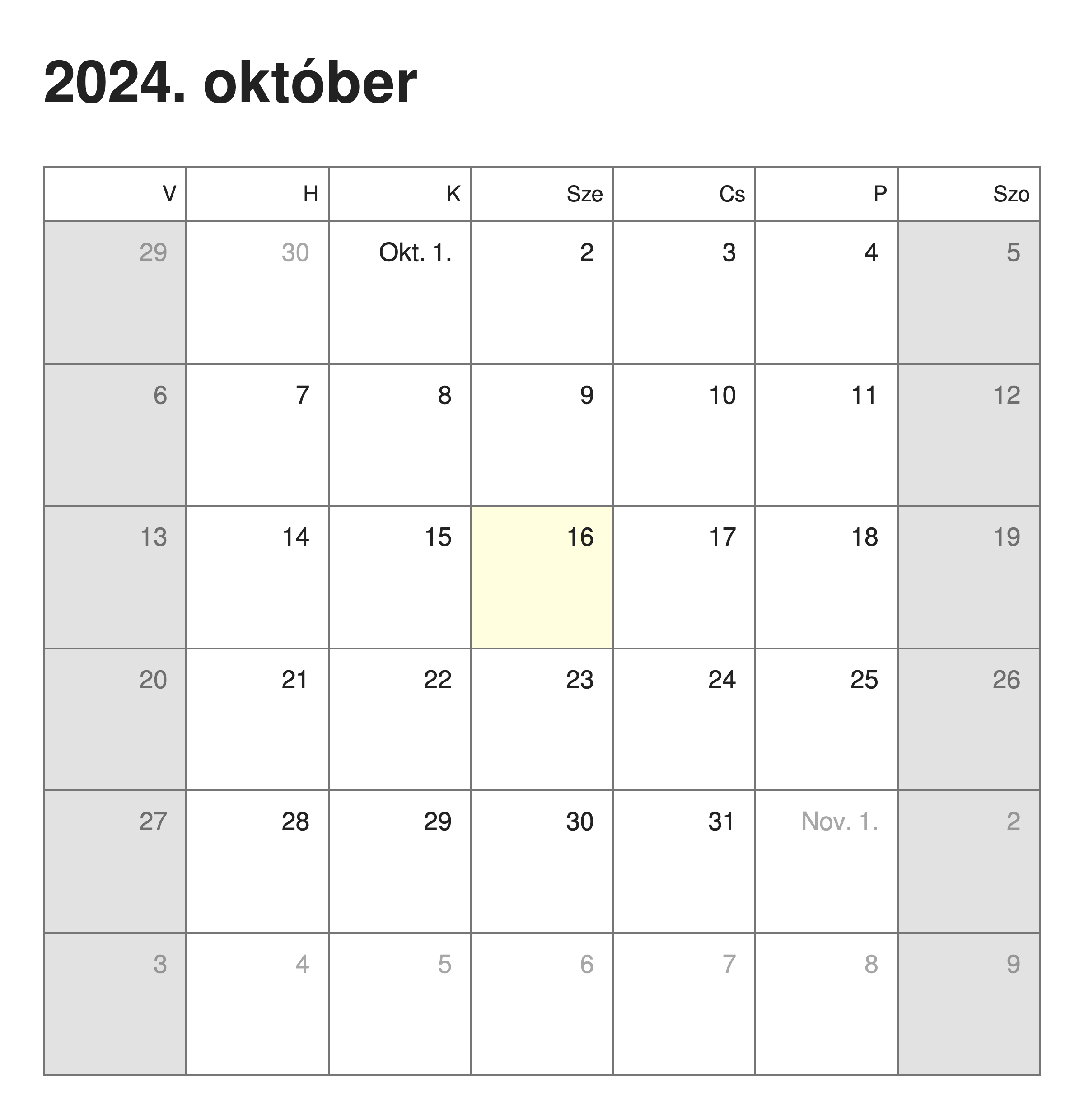 Calendar in Hungarian