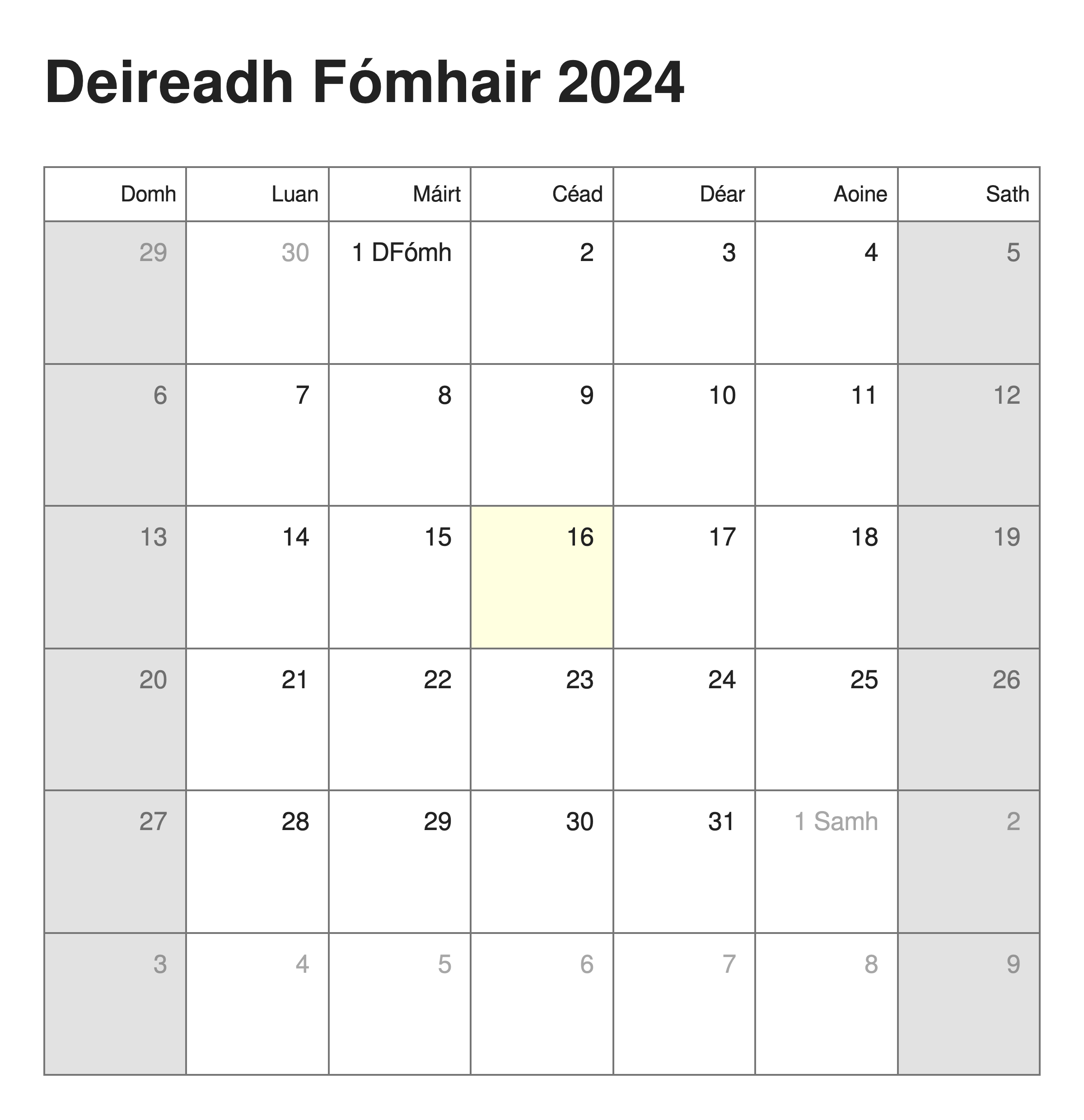 Calendar in Irish