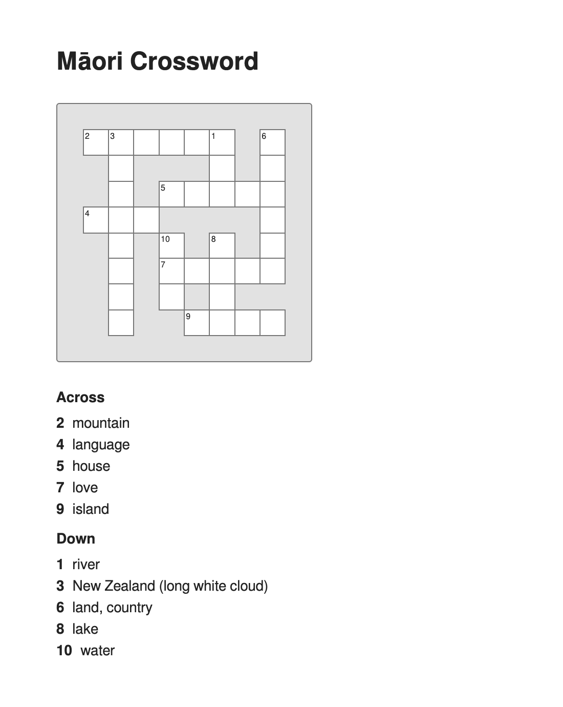 Māori Crossword