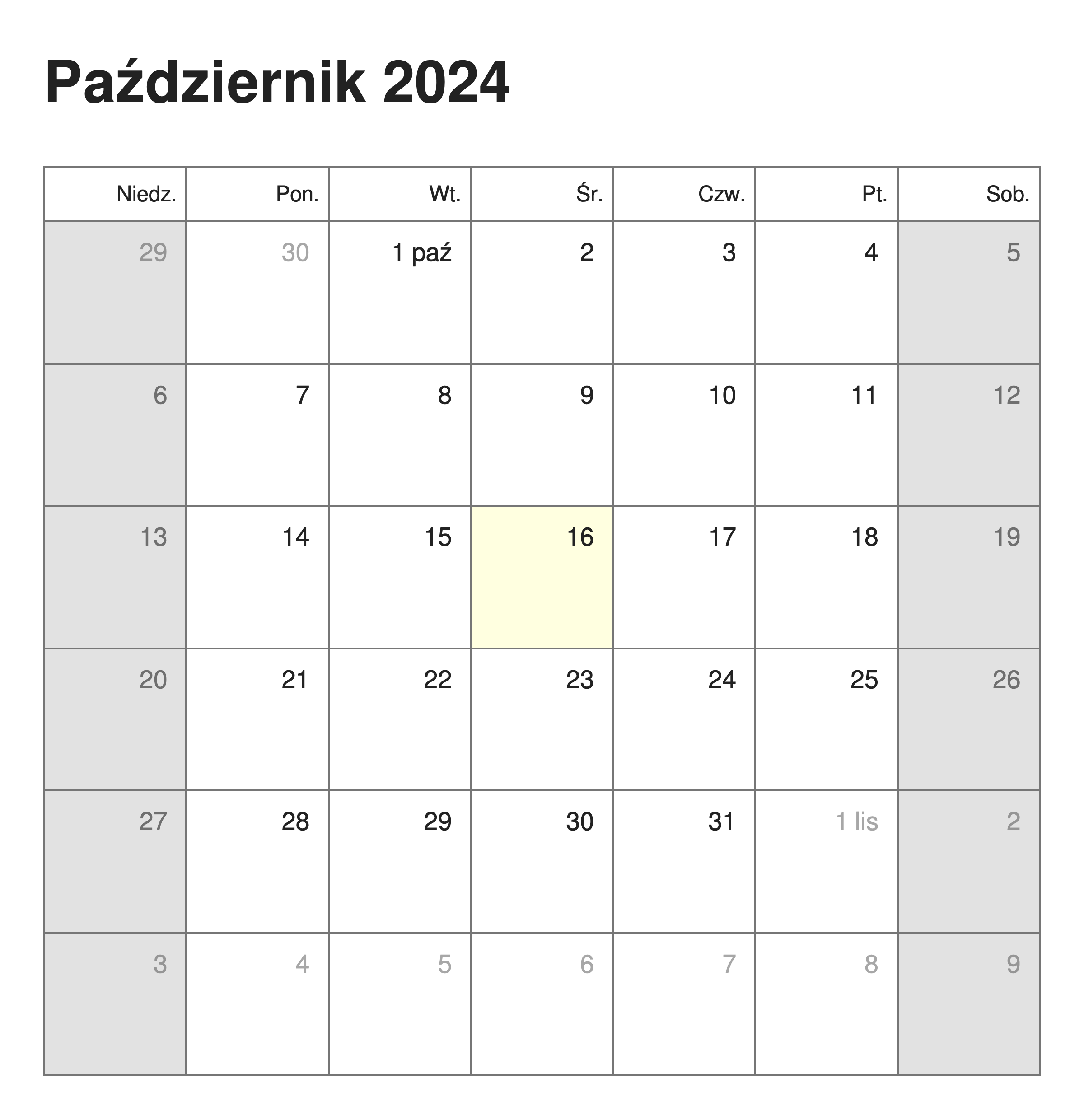 Calendar in Polish