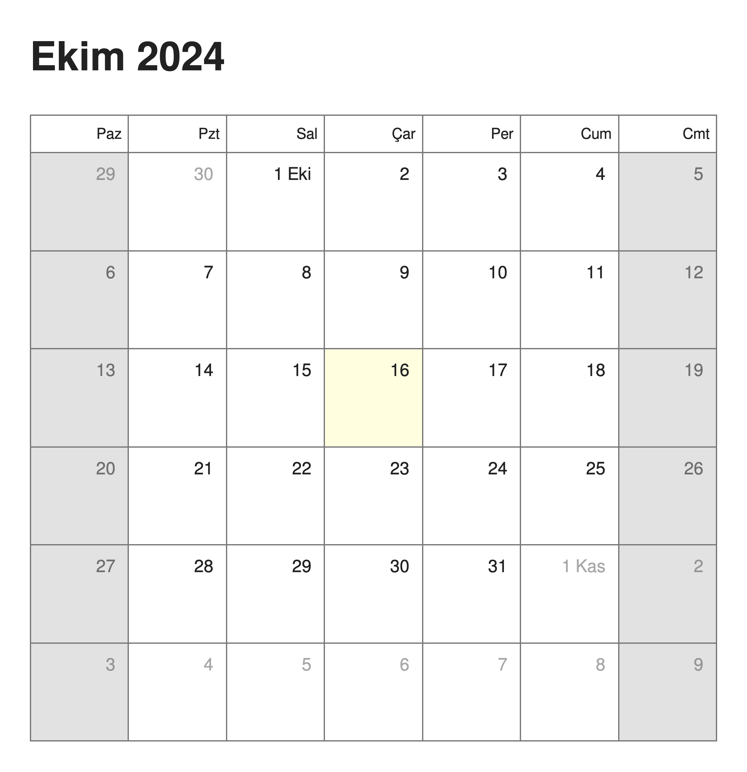 Calendar in Turkish